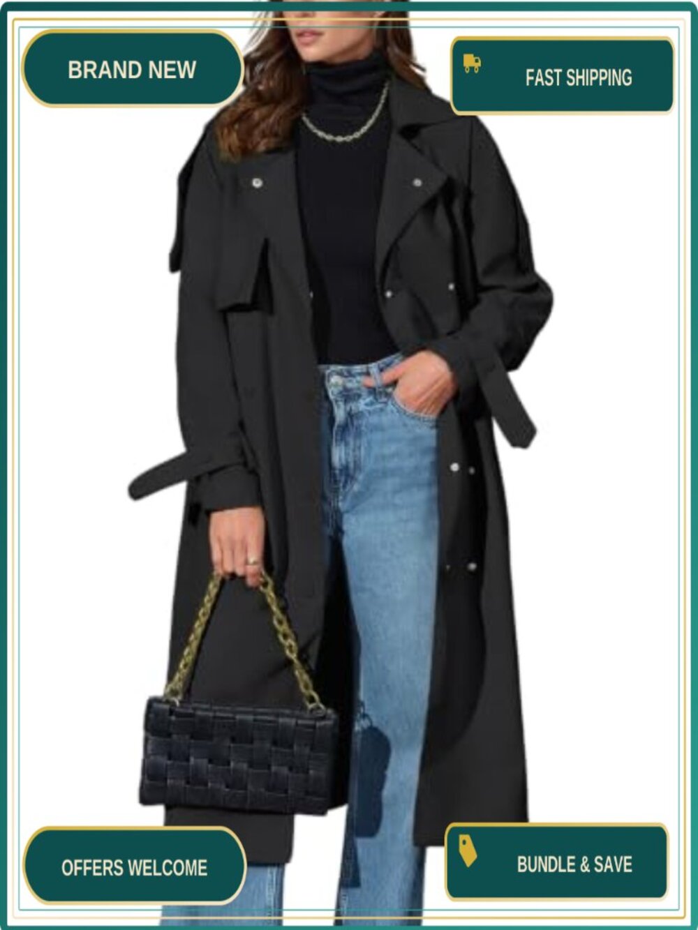 Women's Long Trench Coat Double-Breasted Windproof Belted Jacket